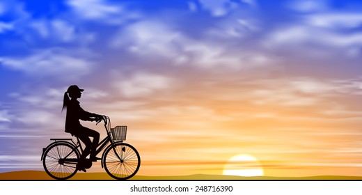 A Girl on a Bicycle in Silhouette with Sunset, Sunrise. Vector EPS 10