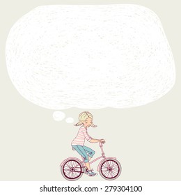 Girl on a bicycle. Template banner or postcard. Template for text.