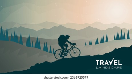 Chica en una bicicleta viaja en un fondo de montañas. Mujer en bicicleta en las montañas. Recreación. Hermoso paisaje. Viaje en bicicleta. Transporte ecológico. Estilo plano. Ilustración del vector