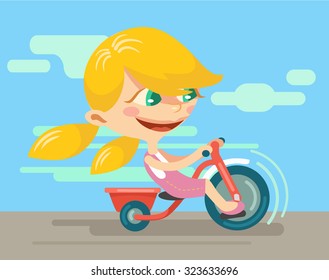 Girl on bicycle. Vector flat illustration