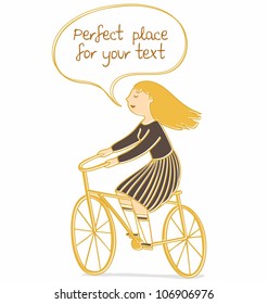 Girl on a bicycle. Vector illustration of a girl riding a bicycle with speech bubble for your text.