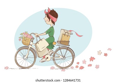 Girl on a bicycle / Vector illustration, young woman and spring shopping