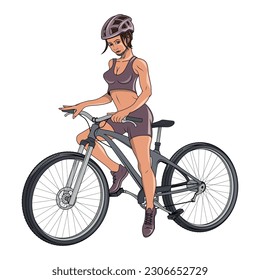 Girl on a bicycle. Vector illustration of a young woman wearing a protective helmet rides a bicycle. Sportive woman. Training on a bike.