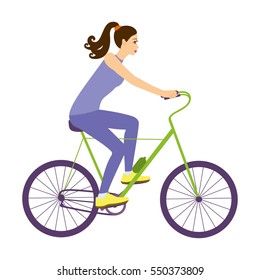 Girl on bicycle vector illustrator isolated on white background. Sporty girl riding a bike.