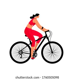  Girl on a bicycle on white background. Sport Activities and Healthy Lifestyle. Woman Cartoon Character. Vector Illustration.