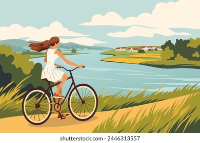 Girl on a bicycle. A young woman in a dress rides a bicycle along a village road along a river against the backdrop of a rural landscape of houses, hills, trees, fields, meadows and clouds.