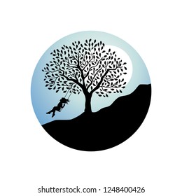 Girl On The Big Tree Swing With Moon In Behind, Vector Logo Icon