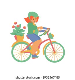 Girl on bike with basket of flowers Vector flat isolated illustration