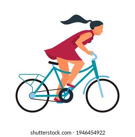 Girl On Bike. Cartoon Woman Riding Bicycle Fast. Profile View Of Young Female On Wheel Transport. Isolated Hurrying Cyclist. Outdoor Workout Or Sport Competition. Vector Illustration