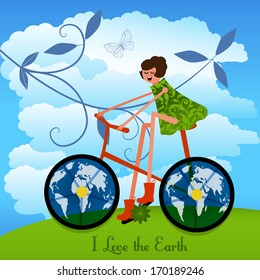 Girl on a bike with the Earth as wheels 