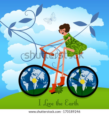 Girl on a bike with the Earth as wheels 