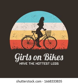 Girl on bike. Female cyclist on bicycle silhouette. Retro background