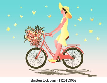 Girl on a bike with flowers in a basket and butterflies around. Handmade drawing vector illustration. 