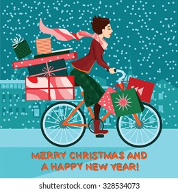 Girl on bike with gifts , Christmas sale