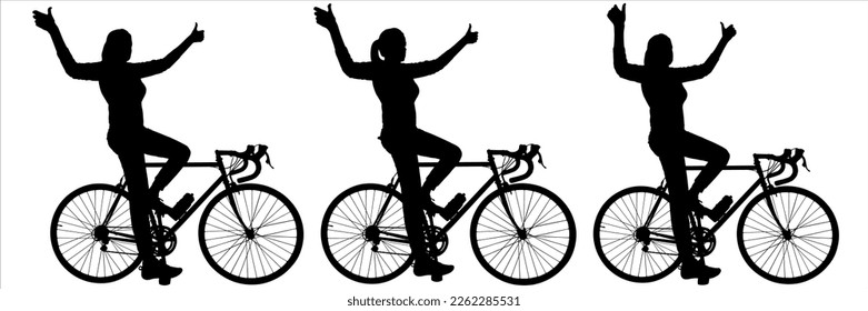 The girl on the bike raised both hands high in joy. A woman pedals a bicycle, her hands are raised up. Success, victory in competitions. Side view, profile. Black female silhouettes isolated on white