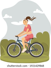 Girl on a bike on the road vector illustration. Female character in casual sportswear, cycling, outdoor flat style concept. Biker female active leisure and healthy lifestyle