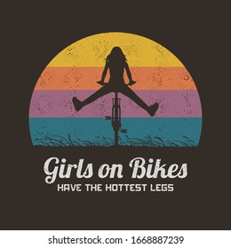 Girl on bike. Silhouette of cyclist with legs apart. Retro background