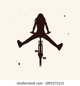 Girl on bike. Silhouette of cyclist with legs apart. Night starry sky