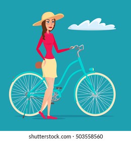 Girl on Bike. Vector creative color illustrations flat design in flat modern style.