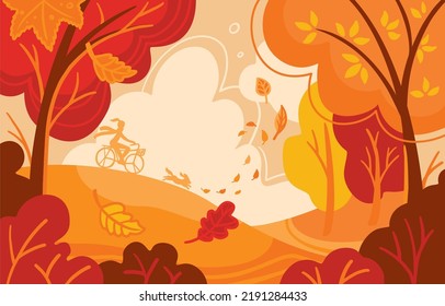 Girl on the bike walking on the autumn park with your dog. Autumn background. Vector illustration.