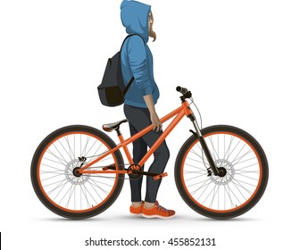 The girl on the bike. On white background realistic.