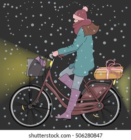 Girl on bike in winter. At night.