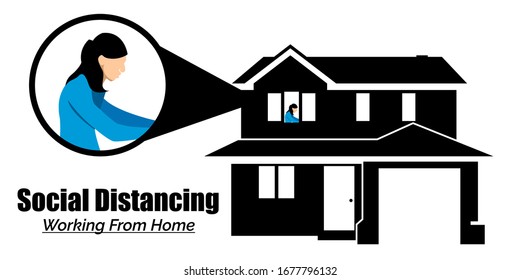 a girl on black house worked from home vector with white background