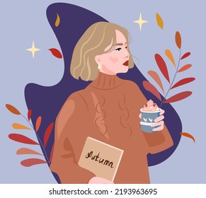 A girl on a blue background with autumn leaves. A woman in a suite holds a hot drink, coffee, cocoa with whipped cream in her hands. The other hand has a book with the inscription autumn. Caffe