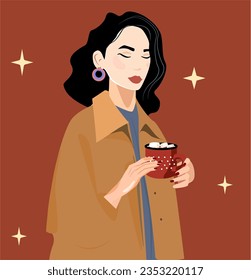 A girl on a blue background with autumn leaves. A woman in a suite holds a hot drink, coffee, cocoa with whipped cream in her hands. The other hand has a book with the inscription autumn. Caffe