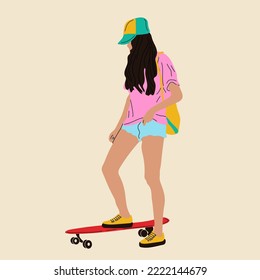 Girl on board. Girl ride on skateboard or longboard Trendy female teenager