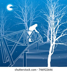 Girl on the bridge, branches of trees, winter scene, night park, white lines illustration on blue background. vector design art