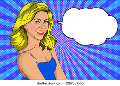 A girl on a bright background with blue rays, in a blue dress with an open top, is smiling. In the style of pop art with a speech bubble.