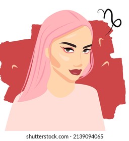 A girl on a bright background with red hair under the sign of the zodiac Capricorn. Vector illustration set of zodiac signs