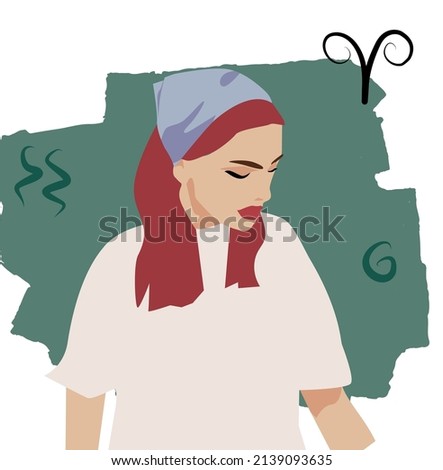 A girl on a bright background with red hair and a handkerchief under the sign of the zodiac Aries. Vector illustration set of zodiac signs. Handkerchief on the girl's head