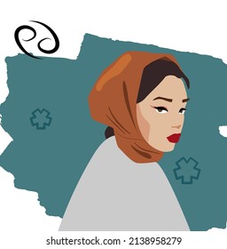 Girl on a bright blue background under the sign of the zodiac cancer.  Hairstyles with a scarf. Handkerchief on the girl's head