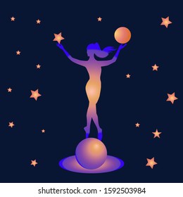 Girl on a bright, illuminated planet - in her hands a ball of fate - starry sky - art, illustration, vector. Magic. Occultism. Philosophy.