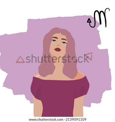 A girl on a bright purple background under the sign of the zodiac Scorpio. Vector illustration of zodiac signs