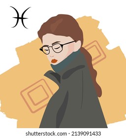 Una chica con un fondo amarillo brillante usando gafas bajo el signo de los zodiac Pisces. Ilustración vectorial de los signos de zodiaco