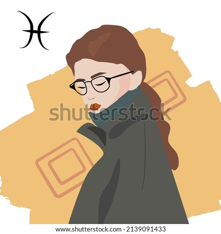 A girl on a bright yellow background wearing glasses under the sign of the zodiac Pisces. Vector illustration of zodiac signs
