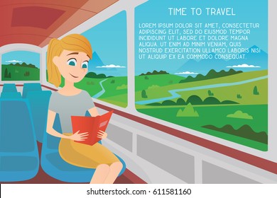 A Girl On A Bus Reading A Book. Time To Travel. Cartoon Vector Illustration.