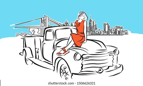 Girl On Car In Front Of New York City Skyline Panorama Vector Sketch. Hand-drawn Illustration on blue background.