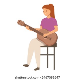 Girl on chair guitar lesson icon cartoon vector. Concert character. Melody study