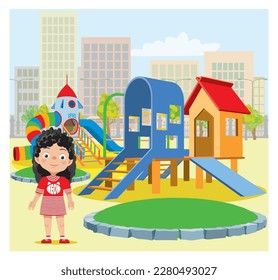 A girl on a children's playground against the backdrop of an urban landscape.