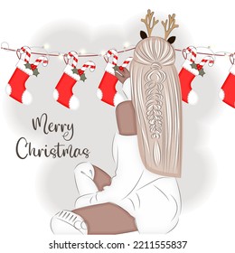 Girl on Christmas Eve with stockings, fashion vector illustration