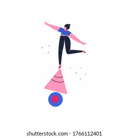 Girl on circle and triangle vector illustration. Work, self development concept. Balancing female doodle drawing. Woman standing on geometric shapes flat character isolated on white background