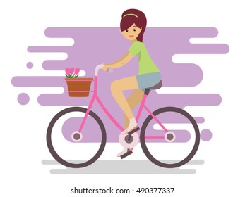 Girl on City Bike. Flat style vector illustration.