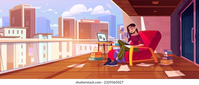 Girl on city building terrace cartoon interior background. Skyscraper cityscape view from open balcony with brick wall. Woman sitting in armchair and writing diary or book in hotel glass fence patio