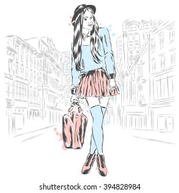 Girl On A City Street . Fashionista . Hipster. Vector Illustration.
