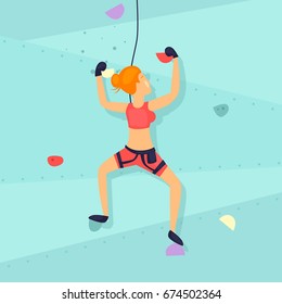 Girl on the climbing wall. Flat design vector illustration.