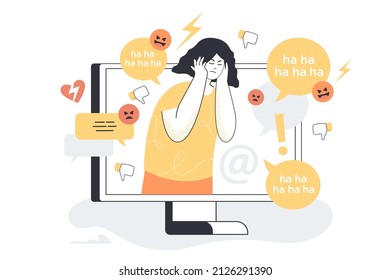 Girl on computer screen getting hate comments on social media. Person under stress, stop violence flat vector illustration. Cyber bullying, crime concept for banner, website design or landing web page